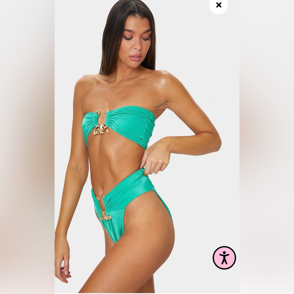 PrettyLittleThing | GREEN HAMMERED TRIM HIGH WAIST BIKINI BOTTOMS NWT US 14 - Picture 6 of 13